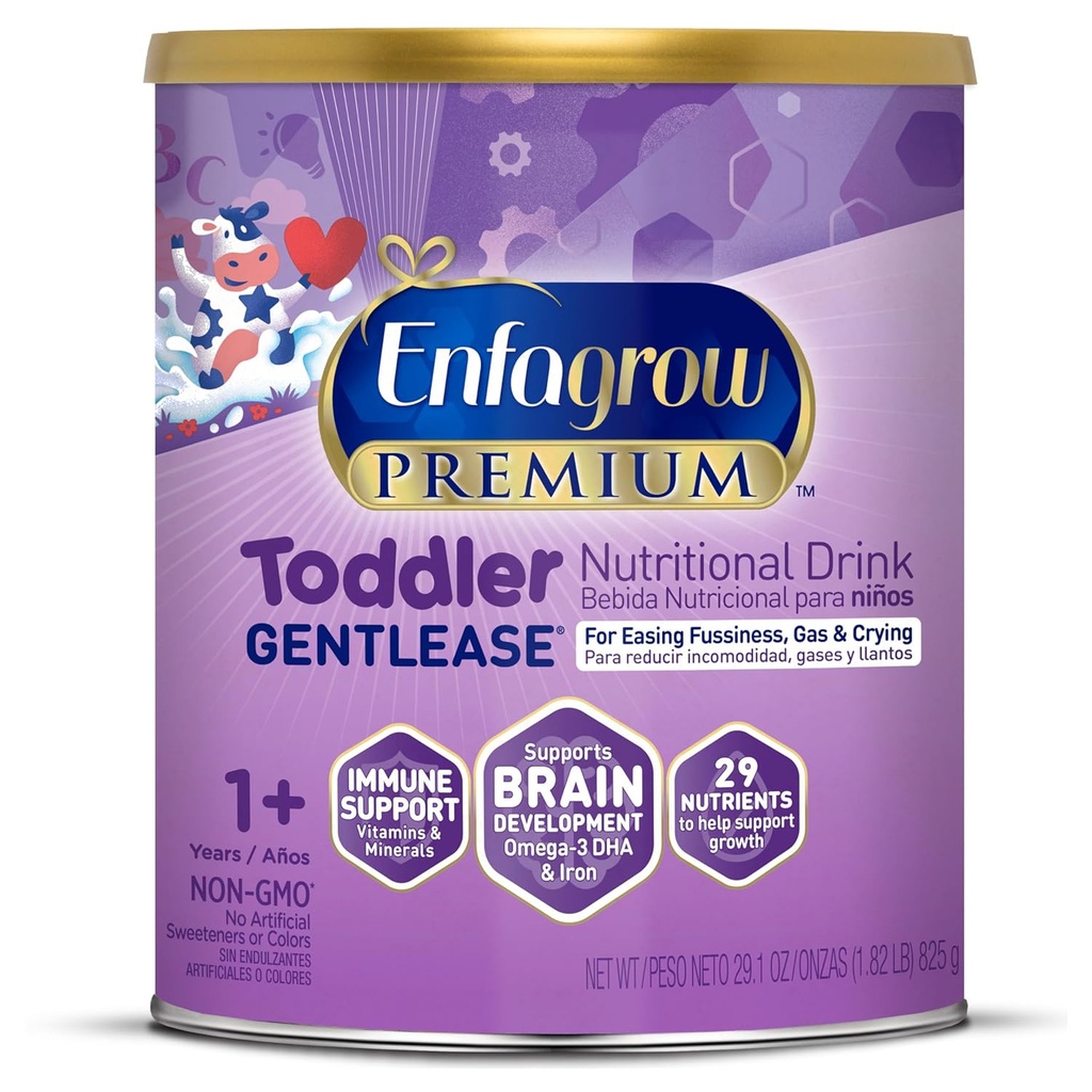 Enfagrow PREMIUM Gentlease Toddler Nutritional Drink, Made with Real Milk, Designed to Ease Fussiness, Gas &amp; Crying, Brain-Building Omega-3, Nutrients for Growth &amp; Immune Support, Powder Can, 29.1 Oz