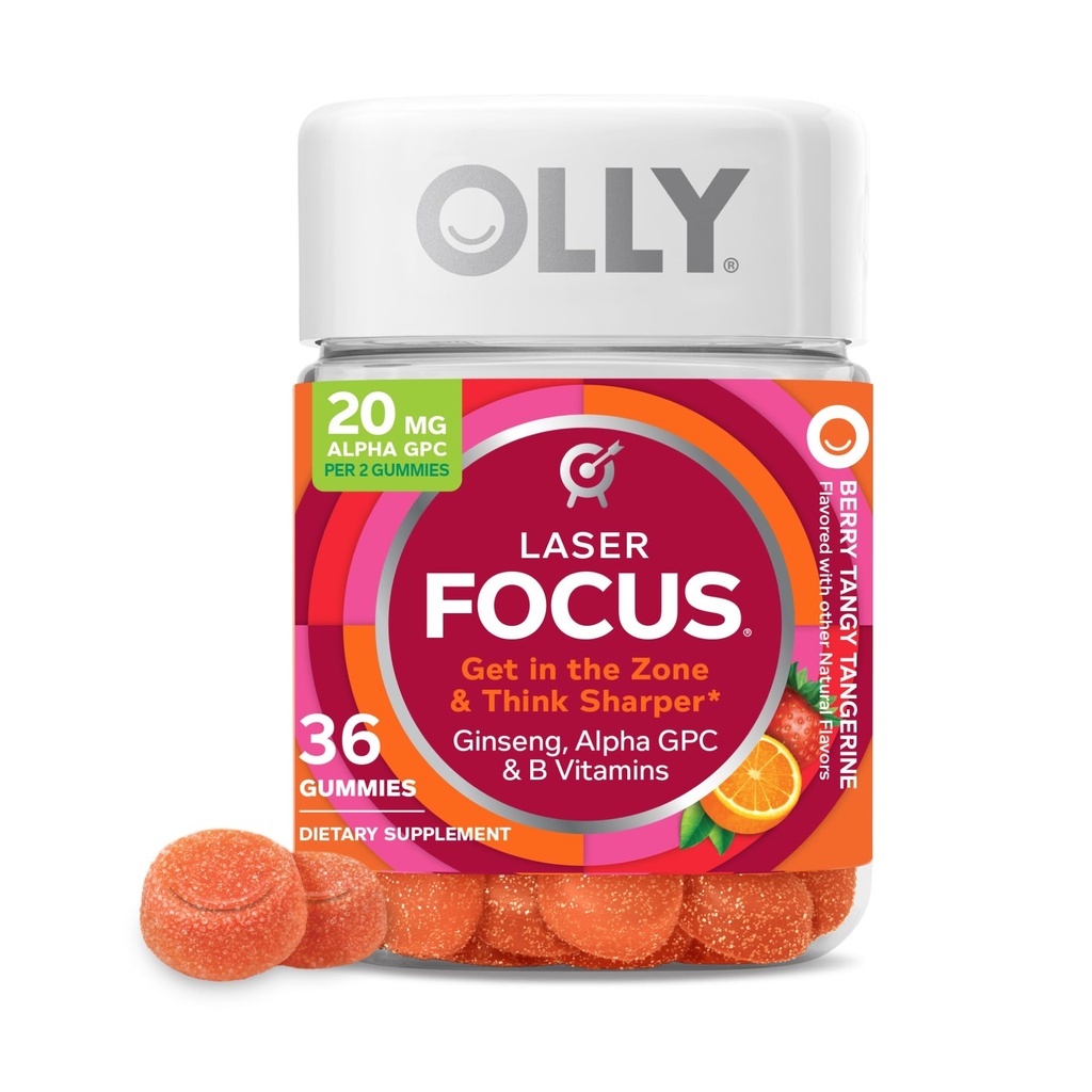 OLLY Laser Focus Gummy, Ginseng, Alpha GPC, B Vitamins, Berry Tangerine Flavor - 36 Count