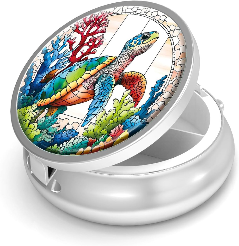 Pill Box-3 Compartment Funda de pequeña pill para purse &amp; Pocket Mini Metal Pill Holder Travel Pill Container to Hold Supplements Vitamins BPA-Free (Sea Turtle)
