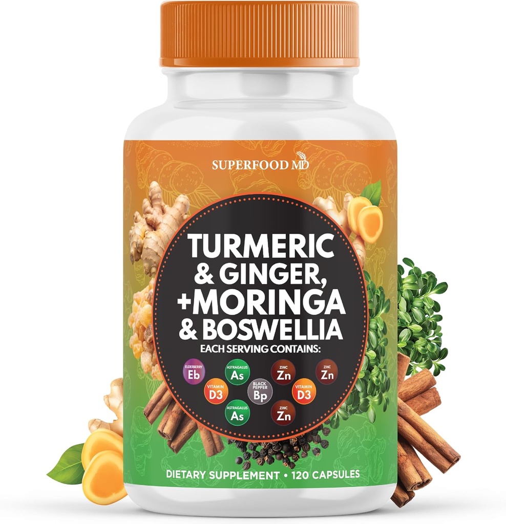 Turmeric Moringa Supplement | Ginger, Boswellia, Saffron, Holy Basil- Joint Support Supplement for Women and Men with Ceylon Cinnamon, Quercetin, Tart Cherry- 120 Count