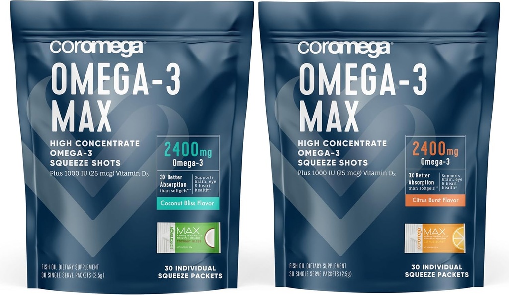 Coromega Omega-3 Fish Oil Bundle – 2400mg Omega-3 + Vitamina D, 3X Mejor Absorción, No Fishy Aftertaste, Coco Bliss & Citrus Burst Flavors, 60 Squeeze Packets