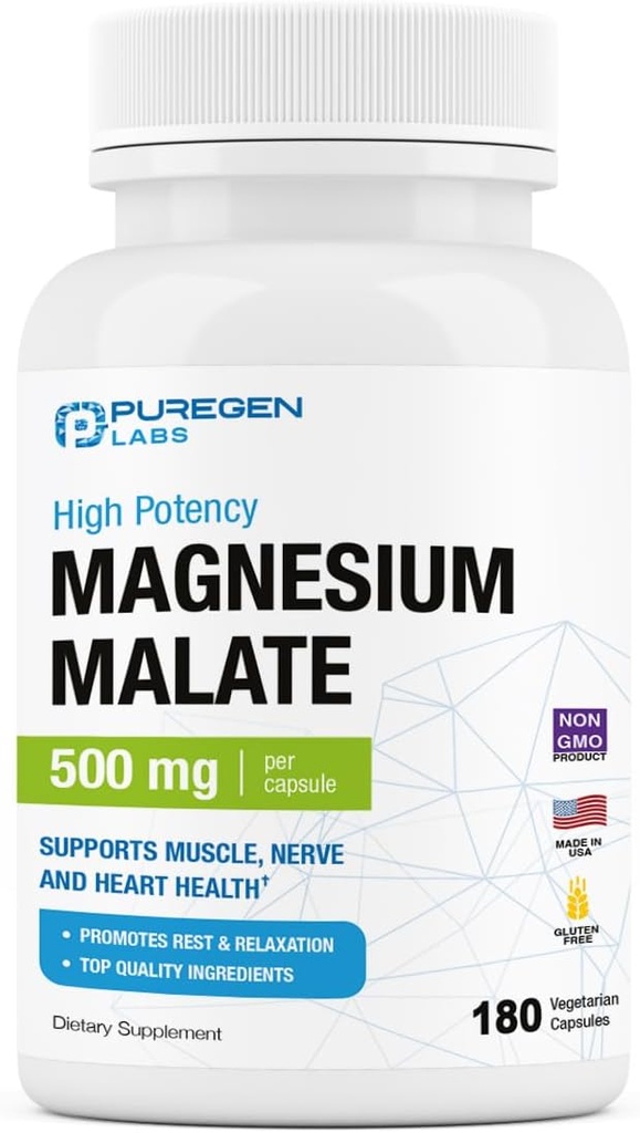 Laboratorios de Purégeno Magnesio Malate 500mg ← Magnesio Elemental de Alta Potencia Silencio 180 Veggie Caps, Absorción Superior, No GMO, NO Gluten y Dairy, apoya el músculo, la articulación y la salud cardíaca