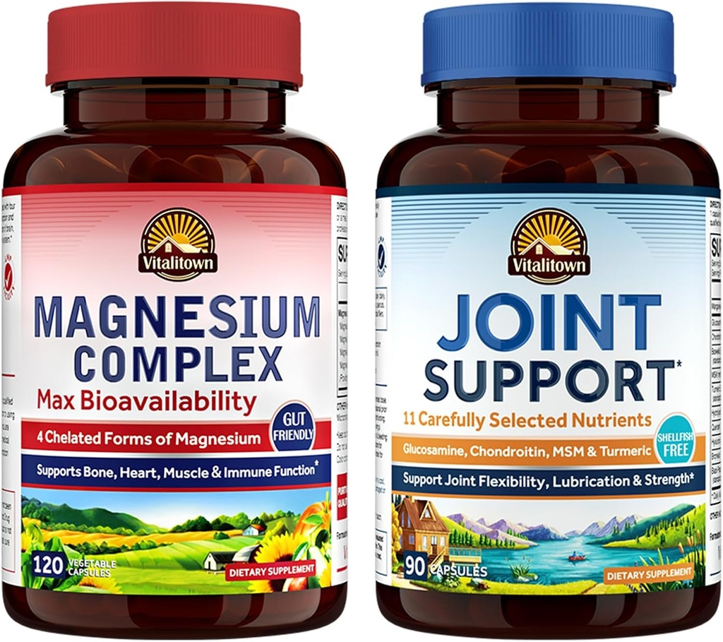 Vitalitown Magnesium + Glucosamine Chondroitin MSM Bundle (Pack of 2) peru Magnesium Complex (Item 1) & Joint Support* (Item 2) peru 120 Magnesium Capsules &amp; 90 Joint Capsules