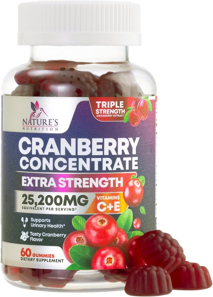 Cranberry Gummies 50:1 Cranberry Extract - Urinary Tract Support Made with 25,000mg, Helps Cleanse &amp; Protect, Cran Berry Gummy Suplemento + Vitamina C, Chewable Cran Pills for Women - 60 Gummies