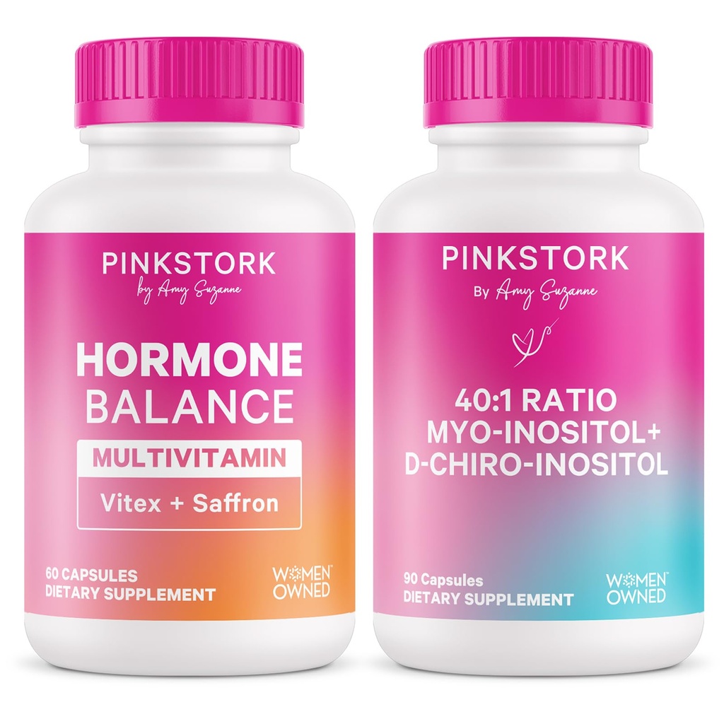 Pink Stork Fertility Hormone Support for Women | Myo-Inositol & D-Chiro Inositol 40:1 Ratio + Hormone Balance Multivitamin with Vitex, B Vitamins & Iron | Ovarian Health & Energy
