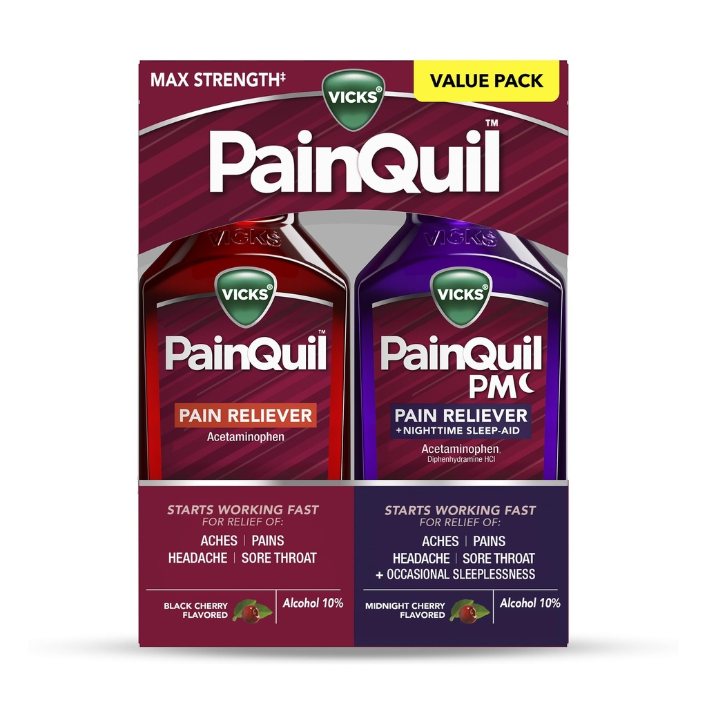 Vicks PainQuil & PainQuil PM Pain Relief Liquid, 1000mg Acetaminophen, 2x12 oz