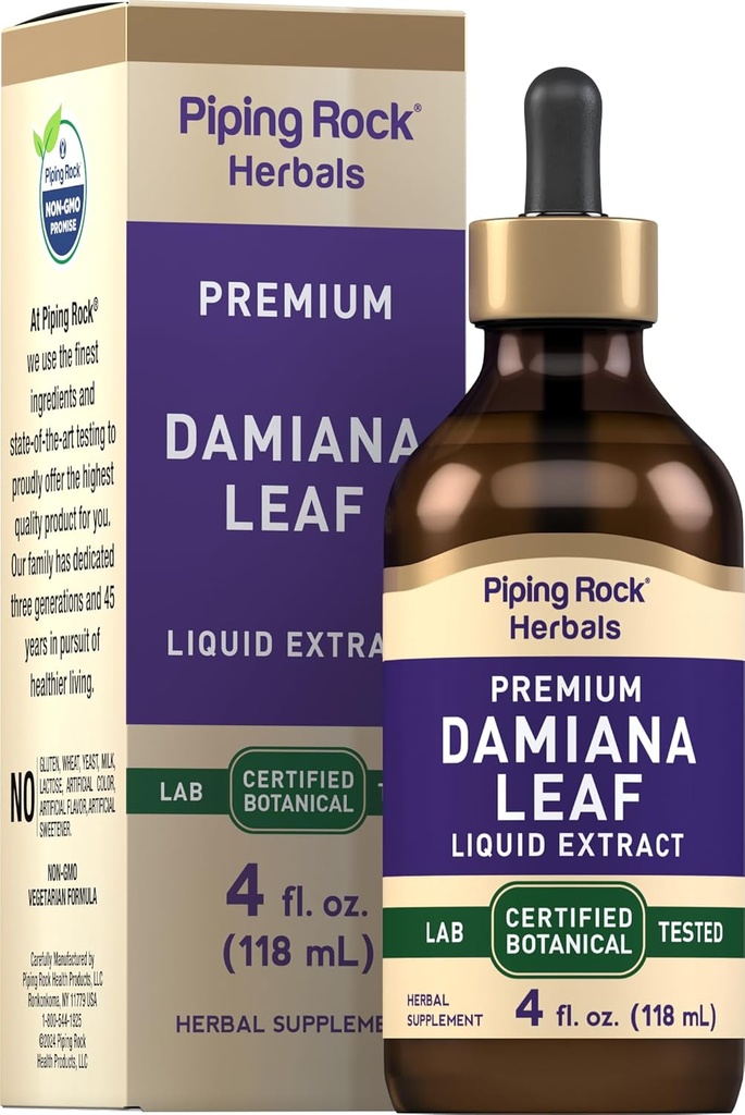 Piping Rock Damiana Leaf Herb Tincture TENIDO 4 fl oz ANTE Liquid Extract Drops ANTE Vegetarian &amp; Alcohol Free TEN Non GMO, Gluten Free Supplement
