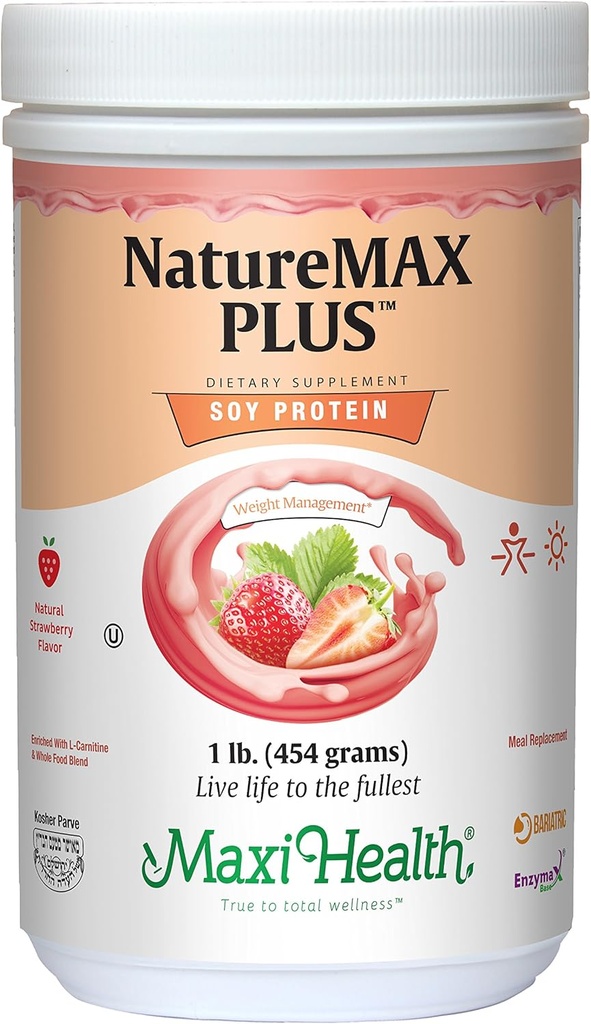 Maxi-Health NatureMAX PlusTM Energy Support Drink Soy Protein Powder - Sugar Free Diet Supplement - 20g Protein Por Serving - Natural Strawberry Flavor - Kosher Vitamin - 1lb
