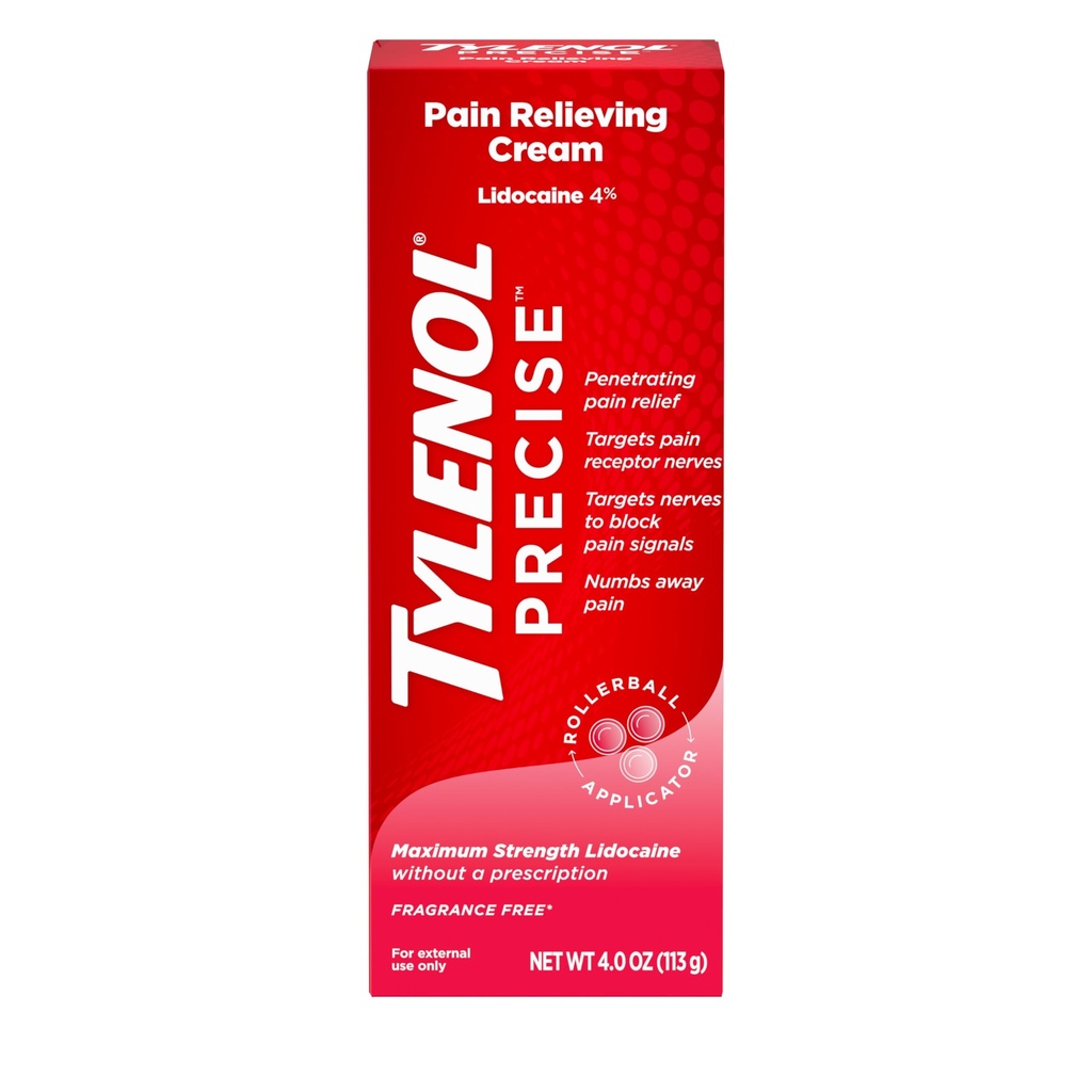 Tylenol Precise Pain Relieving Cream, Maximum Strength 4% Lidocaine Topical Analgesic for Back, Knee & Joint Pain, Penetrating Relief, Non-Sticky, Fragrance Free, No Dyes, 4oz