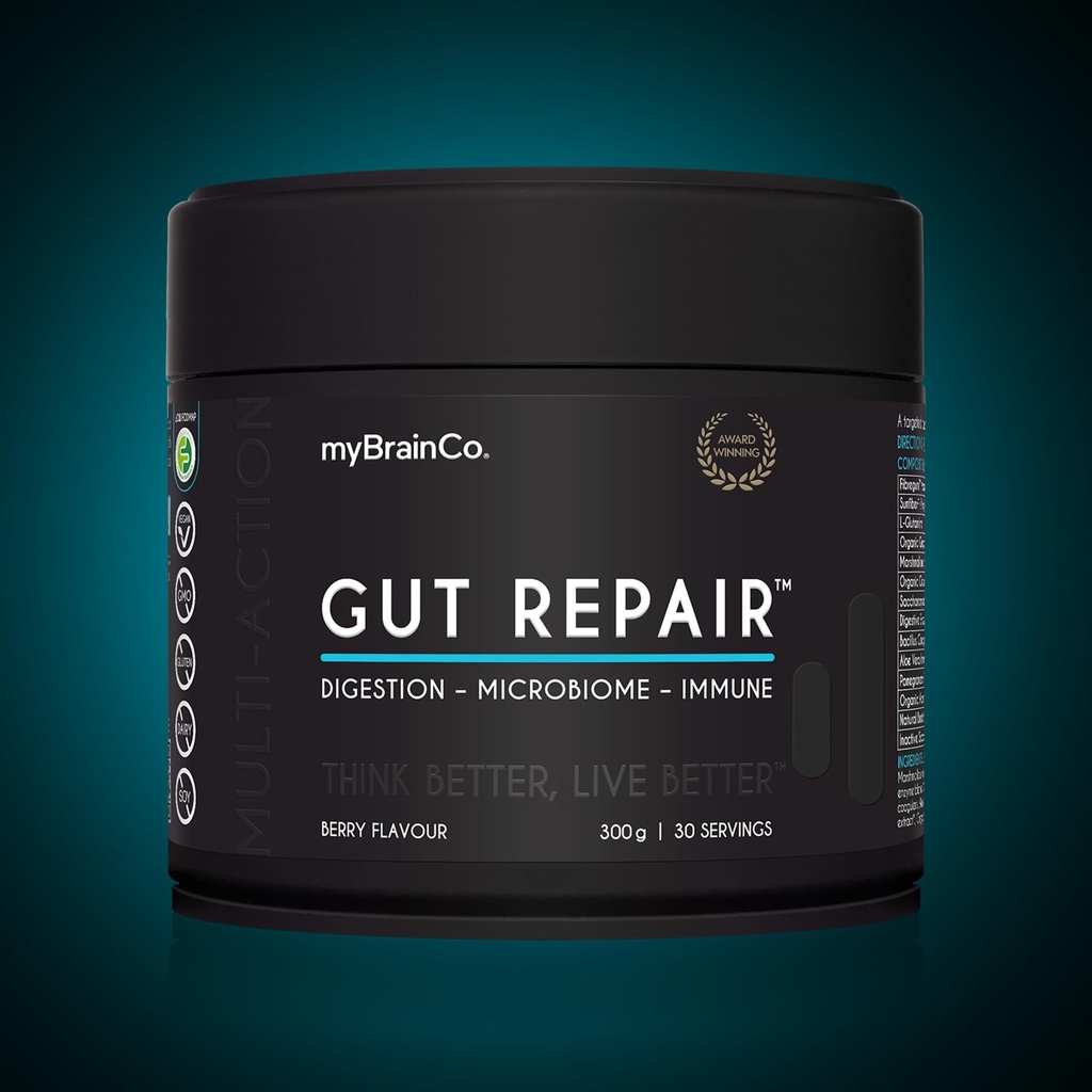 myBrainCo. Gut Repair – Gut Health & Digestion Support Powder for IBS, Bloating, Reflux & Leaky Gut – Low FODMAP Certified with Probiotics, Prebiotics, Enzymes & Glutamine – 310g