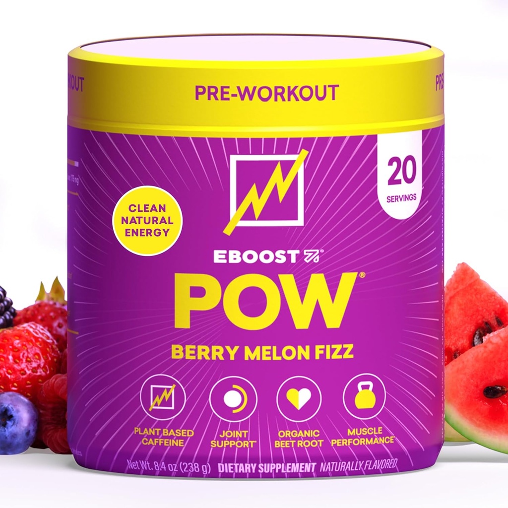 EBOOST POW Natural Pre Workout Powder - 20 Servings - Berry Melon Fizz - Pre Workout Supplement for Performance, Joint Mobility Support, Energy, Focus - Men &amp; Women - Non-GMO, Gluten-Free, No Creatine