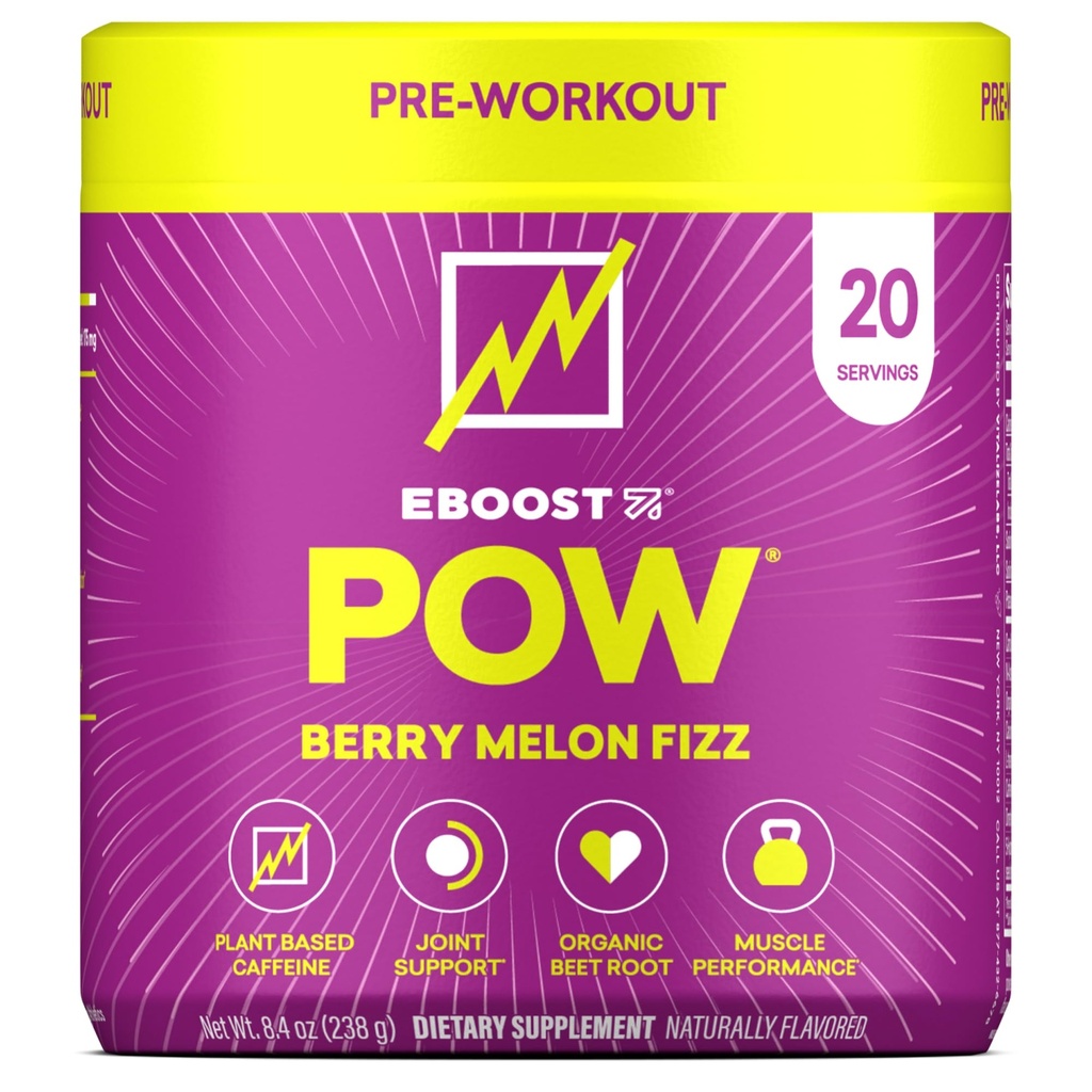 EBOOST POW Natural Pre Workout Powder - 20 Servings - Berry Melon Fizz - Pre Workout Supplement for Performance, Joint Mobility Support, Energy, Focus - Men &amp; Women - Non-GMO, Gluten-Free, No Creatine