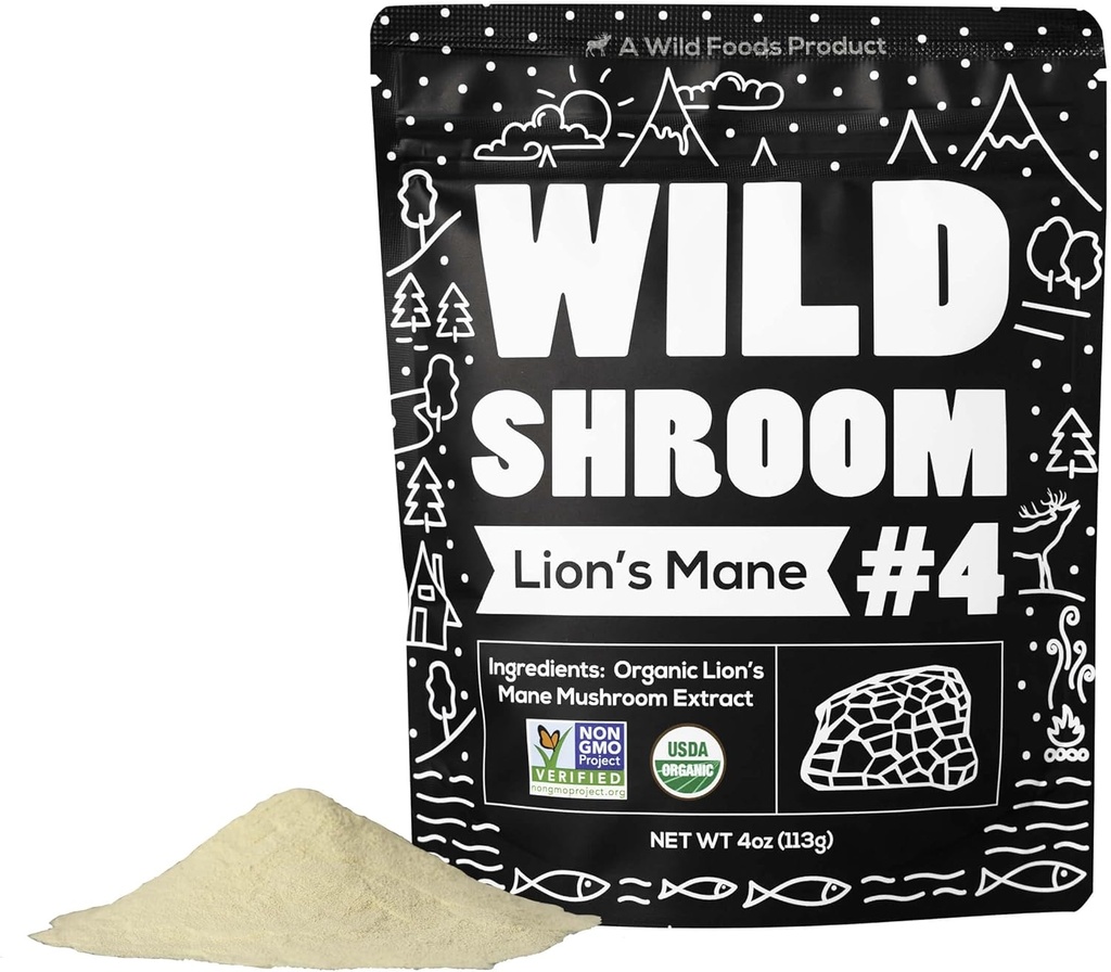 Wild Foods Lions Mane Powder Mushrooms Extract 10:1 ← Orgánica Mushroom Powder ← Herb Nootropic Adaptogenic para la salud del cerebro, la memoria y el foco(4 Ounce)