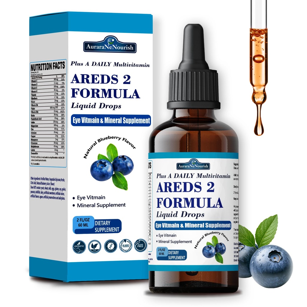 AREDS 2 + Formula Liquid Drops for Macular Health, 22-in-1 Eye Vitamin & Mineral Supplement w. Lutein and Zeaxanthin, Copper, Zinc, Vitamin C, E | Support Vision, Immune & Vitality | Vegan, Non-GMO