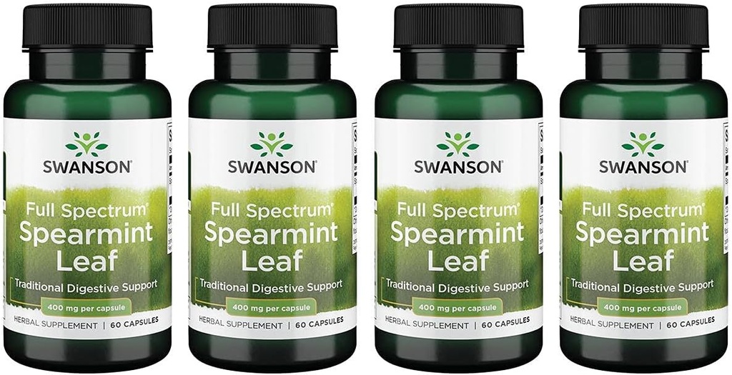 Swanson Spearmint Leaf (Mentha Spicata)-Full Spectrum Herbal Supplement Supporting Digestive Health' Mild Stomach Issues - (60 Capsules, 400mg Cada uno) 4 Pack