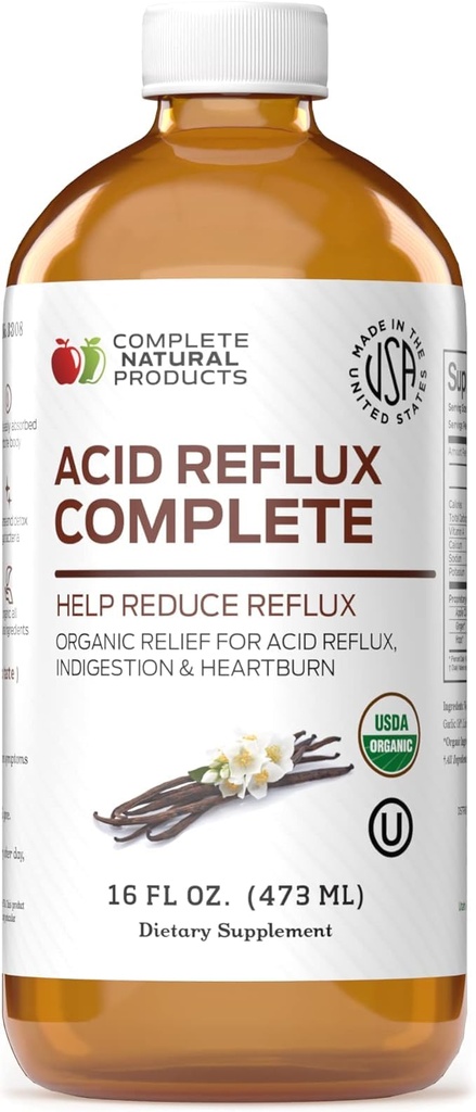 Acid Reflux Relief Liquid 16oz - Organic Heartburn Support Formula, Natural GERD Aid with Aloe Ginger Garlic Vanilla, Fast Absorbing Amish Remedy, Certified Organic Kosher Made in USA Supplement