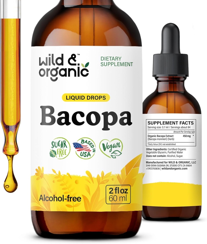 Tintura de Bacopa Orgánica - Soportes Calma, Focus, Clarity - Suplemento Bacopa Monnieri Líquido - Gotas libres de alcohol con Brahmi Extracto - Vegan, Libre de azúcar - 2 meses de suministro - 2 oz