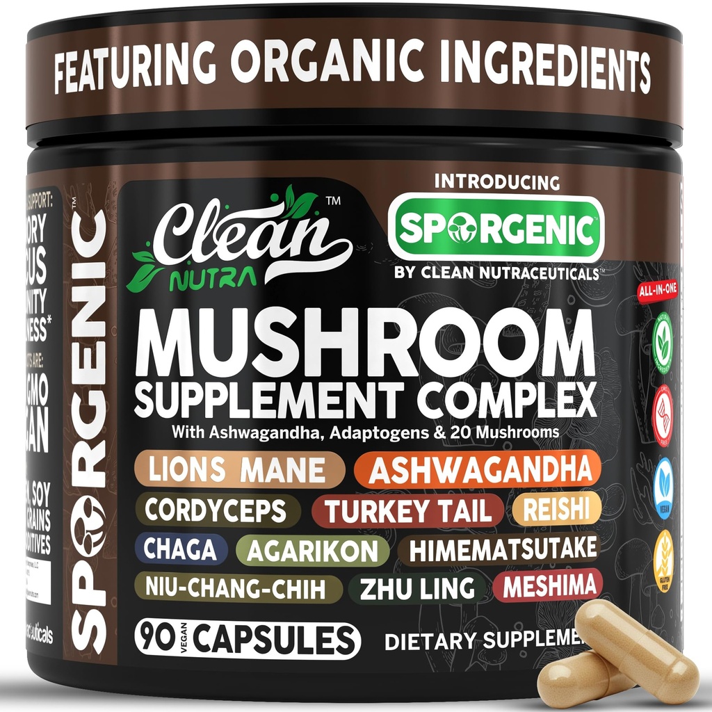 Organic Mushroom Supplement | Ashwagandha Lions Mane Cordyceps Turkey Tail Reishi Mushrooms Maca Root Black Hoof Chaga Tremella Agarikon Shiitake Oyster Powder Capsules Sporgenic By Clean Nutra (1)