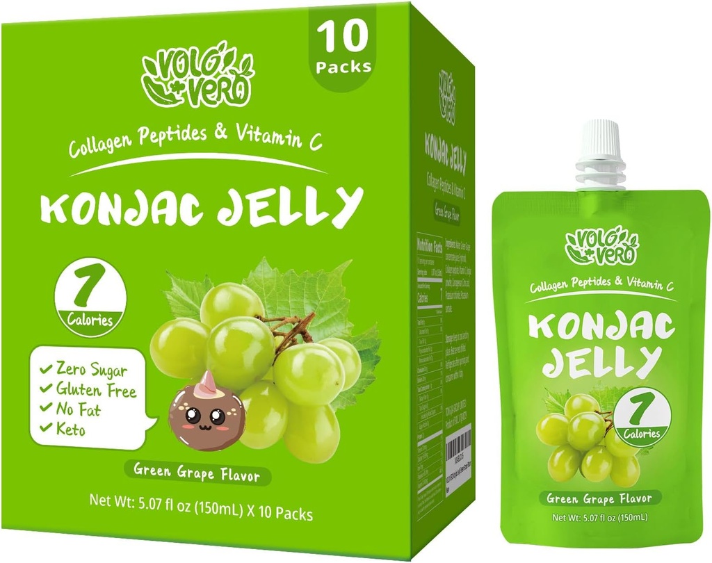 Konjac Jelly Pouch Flavor verde bebible, Calorias bajas (7 Kcal), 10 Packs, Gluten Free, Zero Sugar, Keto, Peptides colagen, Vitamina C Sweet Healthy Fruit Snacks Gifts