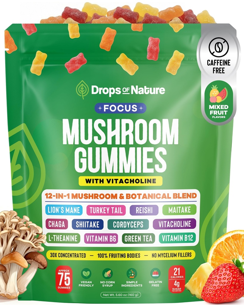 Drops Of Nature Mushroom Focus Gummies – Lions Mane Turkey Tail L-Theanine Choline Green Tea Extract – Vegan Mushroom Superfood Blend – with B-Vitamins B6 and B12 (Mixed Fruits, 75 Gummies)