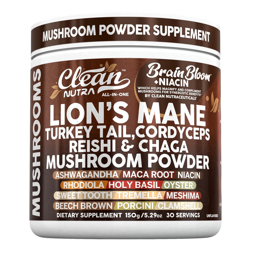 Clean Nutra Lion's Mane Turkey Tail Cordyceps Reishi Chaga Mushroom Powder + Ashwagandha Niacin Calm Stress Memory Adrenal Support Supplements Maca Rhodiola Holy Basil Apaptogen Supplement Unflavored