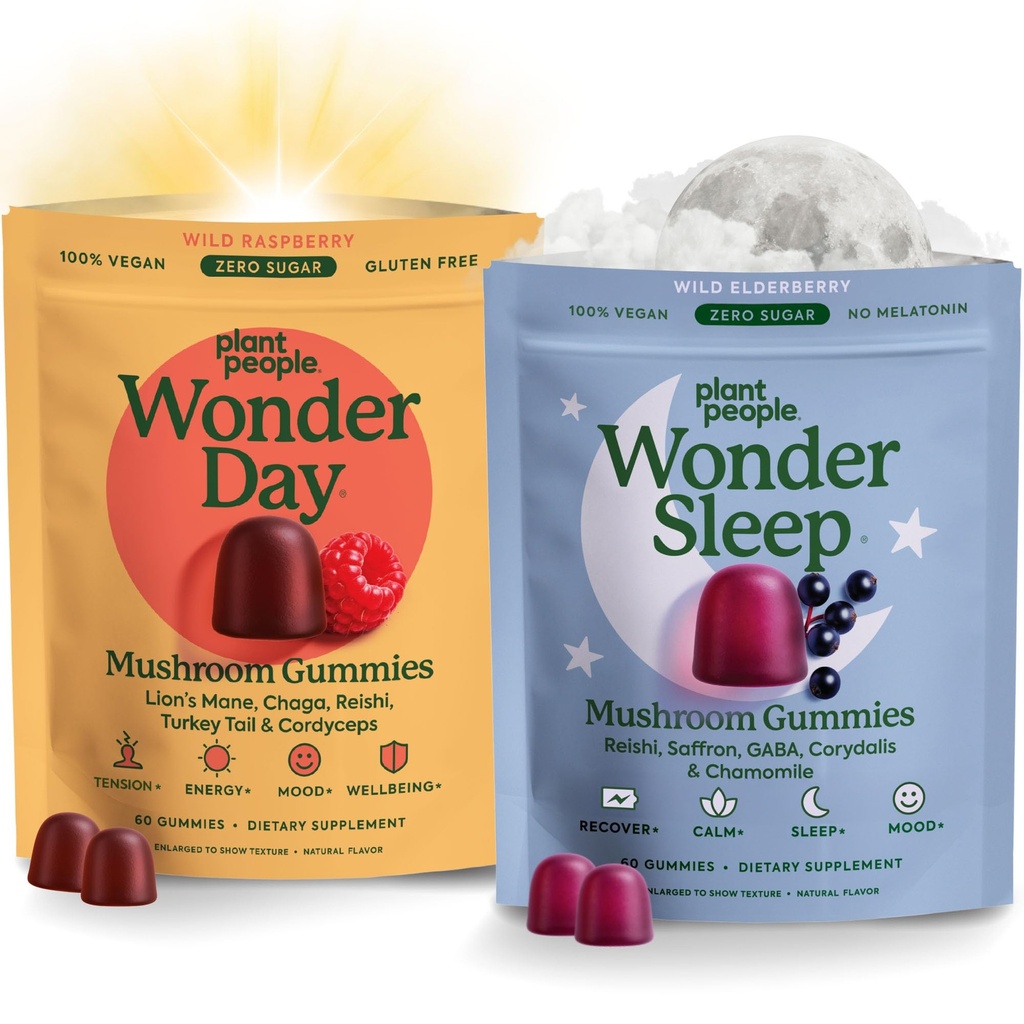 Plant People WonderDay & WonderSleep Mushroom Gummies Bundle – Daily Energy, Mood & Immune Support + Nighttime Sleep & Relaxation – Vegan - 60 Count Each