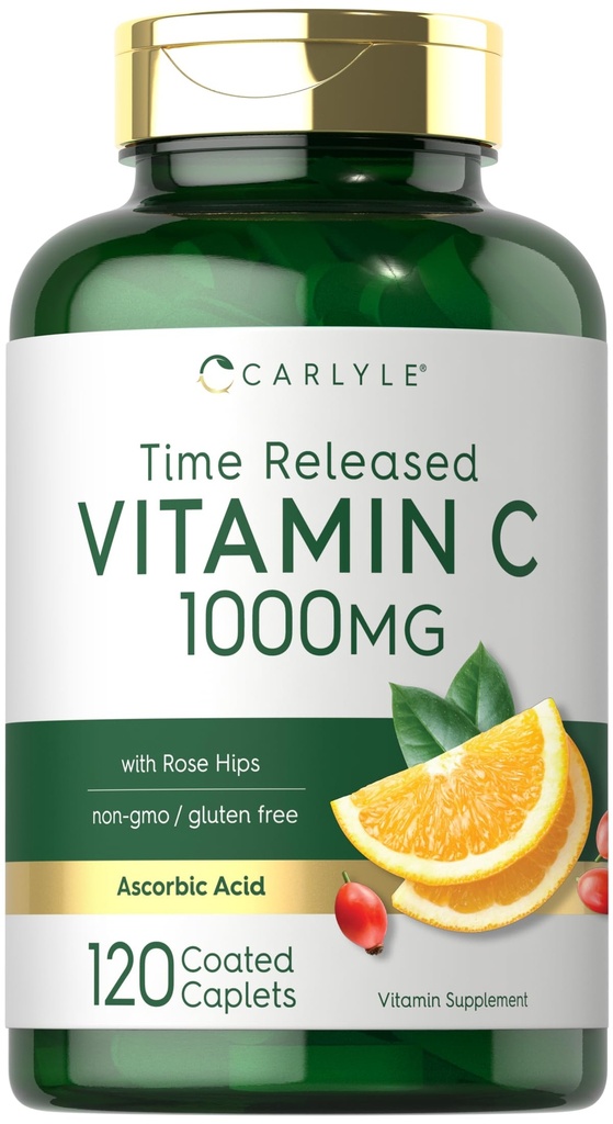 Carlyle Vitamin C 1000mg | Timed Release | 120 Vegetarian Caplets | with Rose Hips | Non-GMO & Gluten Free Supplement