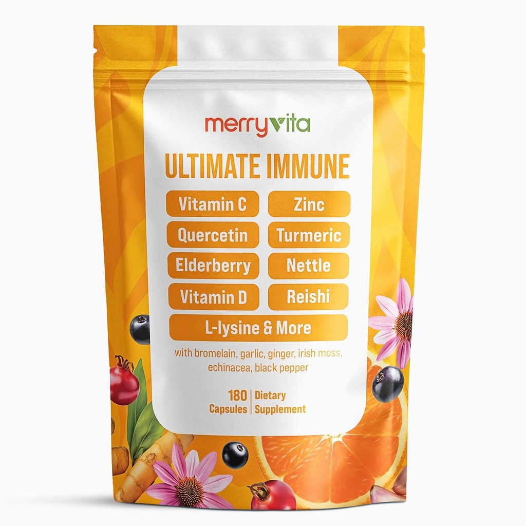 MERRY VITA Liposomal Vitamin C 1000mg - Immune Support Supplement with Zinc, Rose Hips, Elderberry, Quercetin, Bioflavonoids - Natural, Vegan, Non-GMO - 180 Capsules