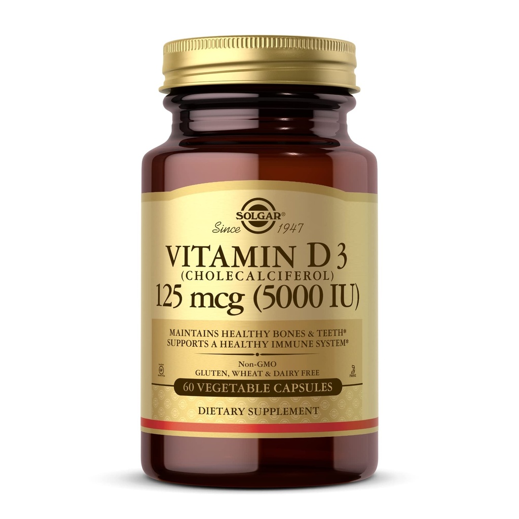Solgar Vitamin D3 (Cholecalciferol) 125 mcg (5000 IU), 60 Vegetable Capsules - Helps Maintain Healthy Bones & Teeth - Immune System Support - Non-GMO, Gluten Free, Dairy Free - 60 Servings