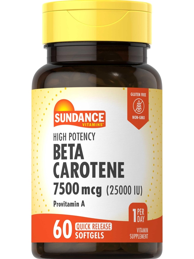 Sundance Beta Carotene 7500mcg | 60 Softgels | Provitamin A | High Potency Formula | Non-GMO and Gluten Free Supplement