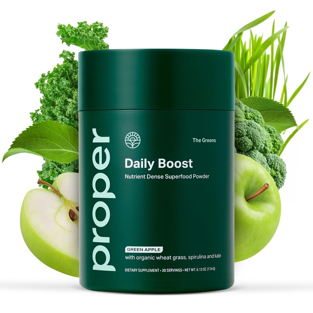 Proper, The Greens Daily Boost Organic Greens Powder. Whole Food, Apple Flavour Veggie Powder Superfood with Wheatgrass, Spirulina, Chlorella, Probiotics. Daily Drink Mix for Wellness and Digestion
