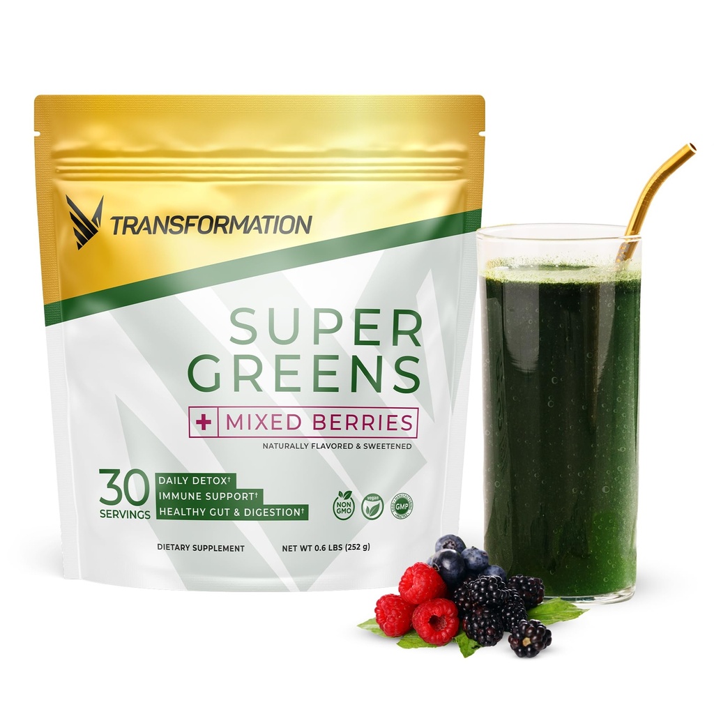 Transformation Super Greens Superfood Green Juice Powder - Immune & Energy Support | Natural Ingredients | Detoxifying & Alkalizing Minerals - Spirulina, Chlorella, Wheatgrass, Spinach, Alfalfa