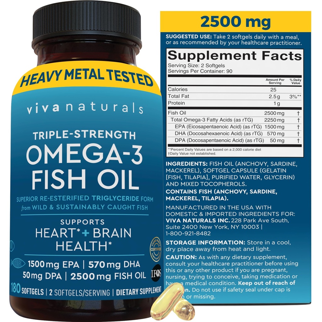 Triple Strength Omega 3 Fish Oil Supplement for Men and Women – 2500 mg High-Potency, Easy-to-Absorb Re-esterified Triglyceride Form, Pescatarian-Friendly DPA EPA DHA Omega 3 Supplement, 180 Softgels