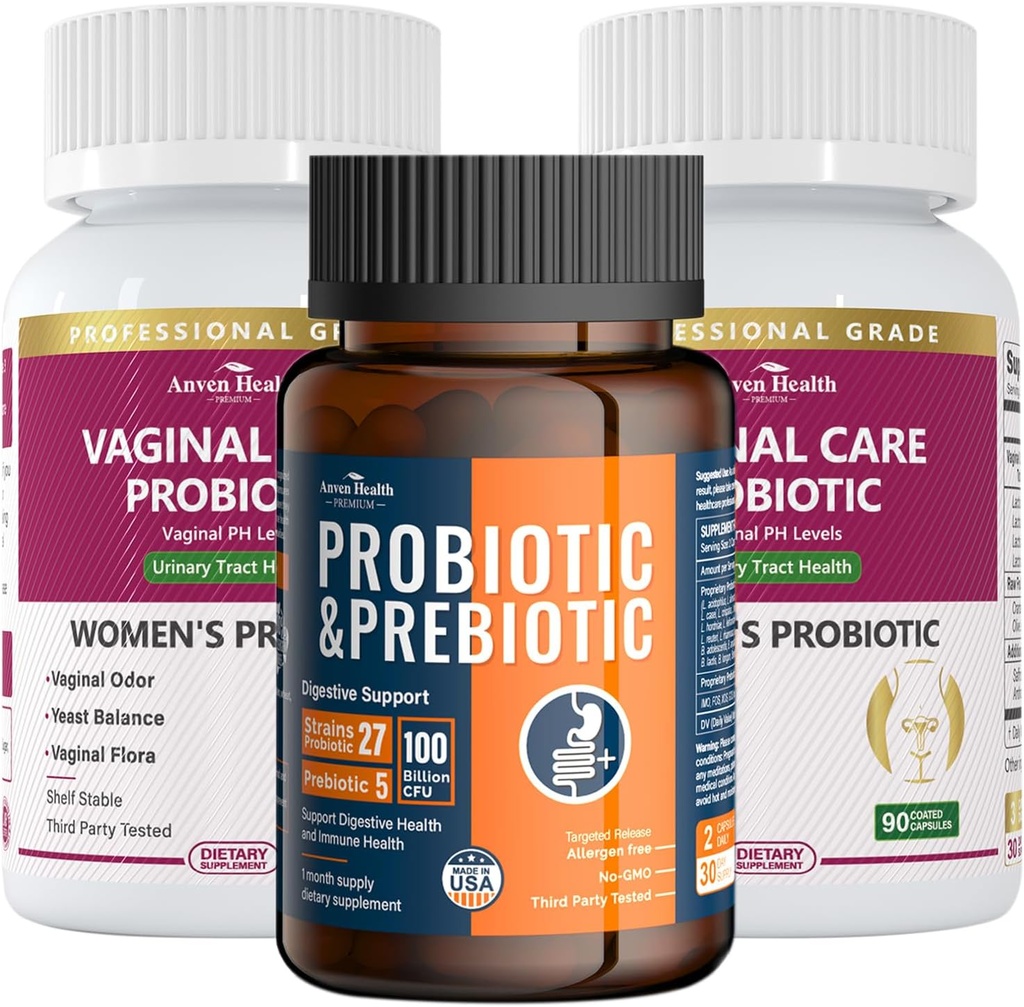 Probióticos vaginales de mujeres + 100 millones de probióticos con prebióticos orgánicos para Gut Digestive &amp; Immune Health Bundle – Total Wellness, Inside and Out!