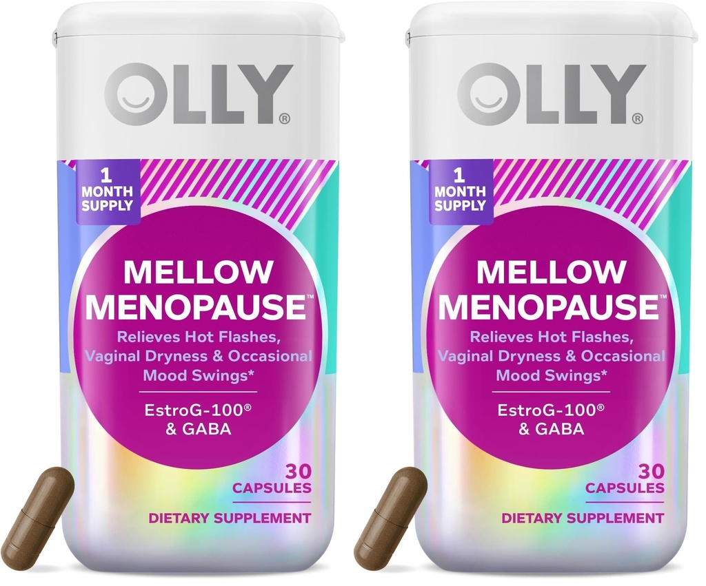 OLLY Mellow Menopause Supplements for Women, Supports Hot Flashes, Vaginal Dryness & Occasional Mood Swings,* Estro-G100®, GABA, Vegan Capsules, 1 Month Supply - 30 Count (Pack of 2)