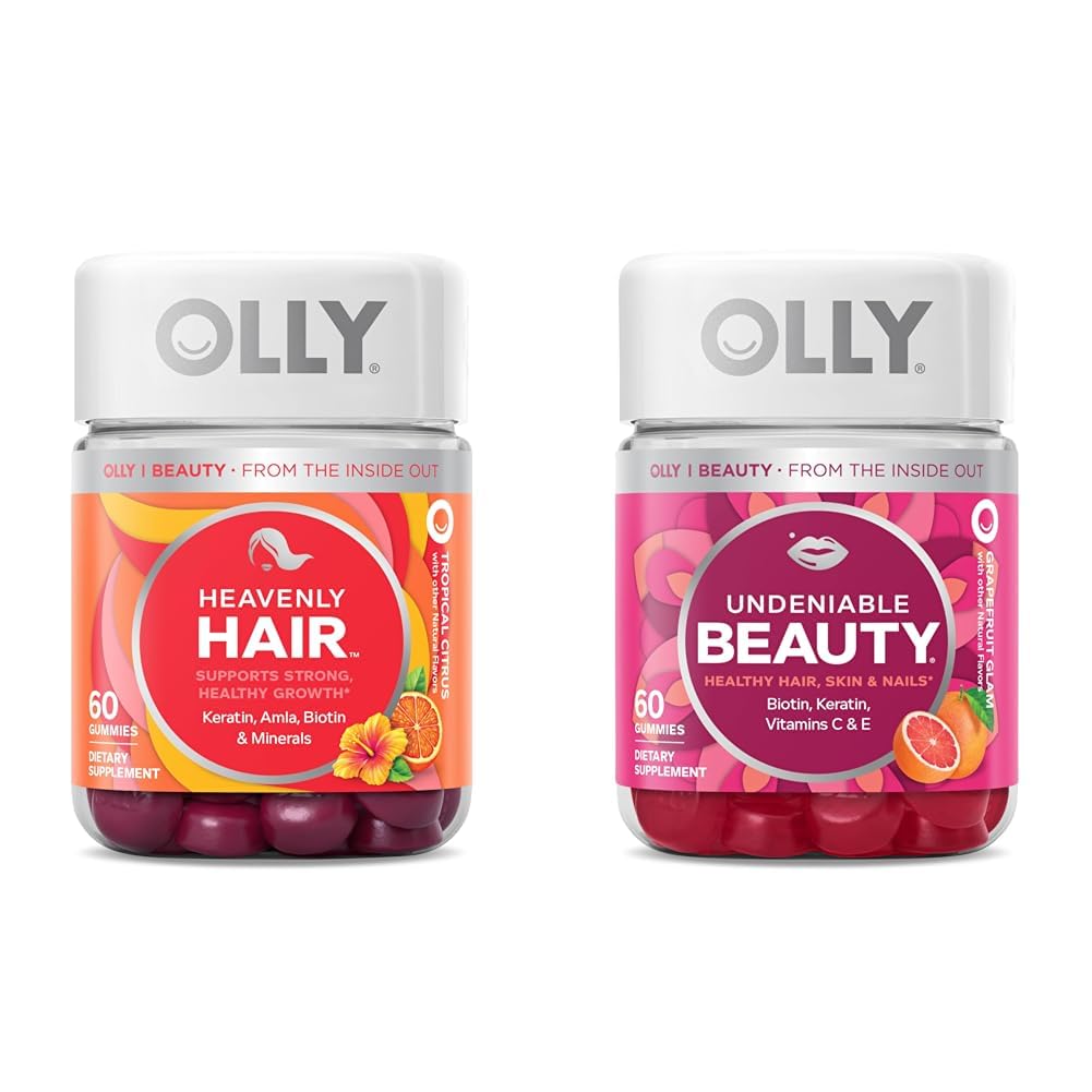 OLLY Heavenly Hair Gummy, Supports Healthy Hair, Keratin, Biotin & Undeniable Beauty Gummy, For Hair, Skin, Nails, Biotin, Vitamin C, Keratin, Chewable Supplement, Grapefruit, 30 Day Supply - 60 Count