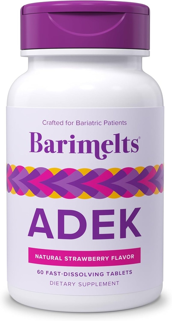 Barimelts ADEK - 60 Tablas de resolución rápida (2-Mes de suministro) - Vitaminas Bariatricas Libres de Azúcar para Mujeres incluyendo vitamina A, vitamina D, vitamina E &amp; vitamina K, sabor a fresa natural