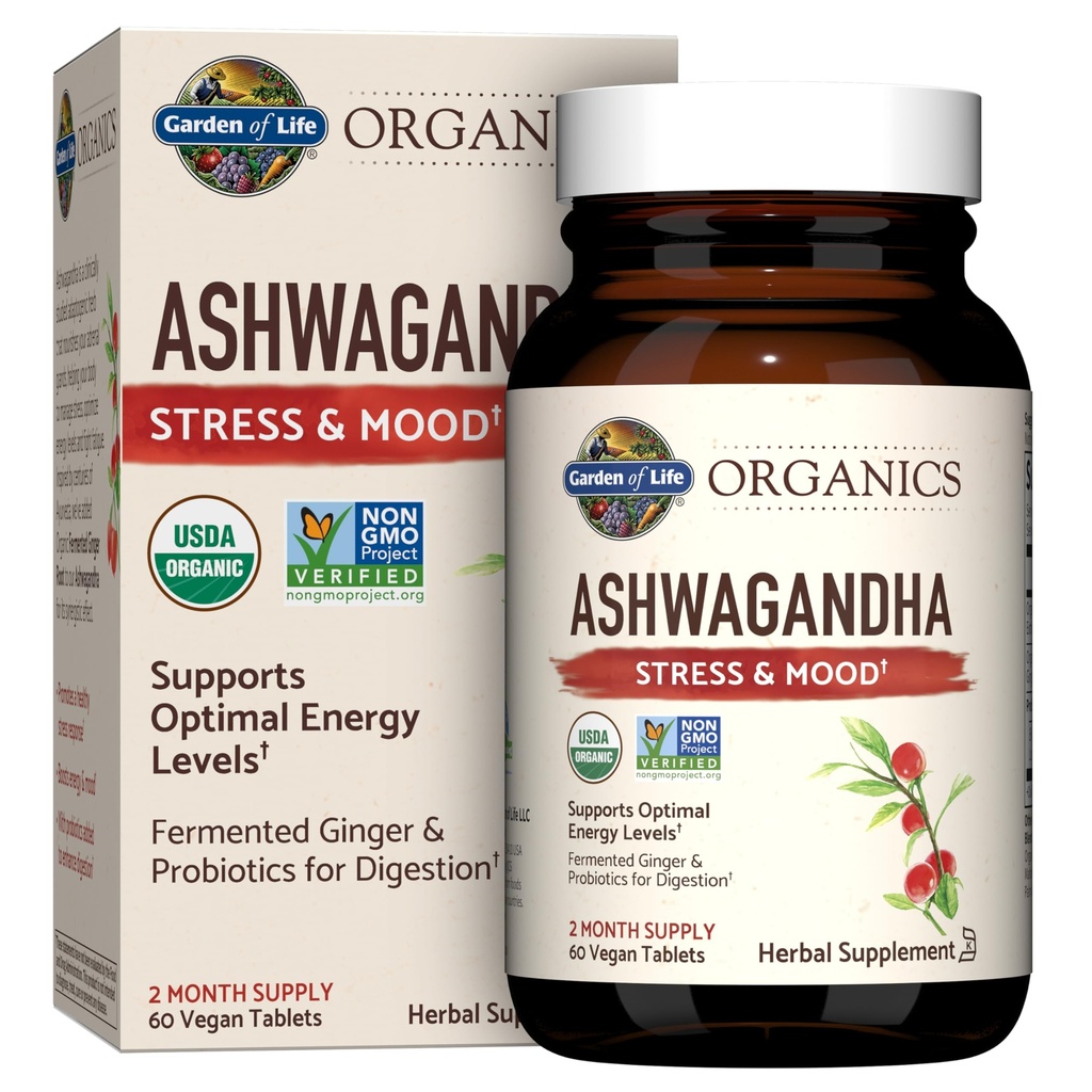 Garden of Life Organic Ashwagandha Supplement with Probiotics & Ginger - Stress, Mood & Energy Support, Vegan, Gluten Free, Non GMO, 2 Month Supply, 60 Tablets