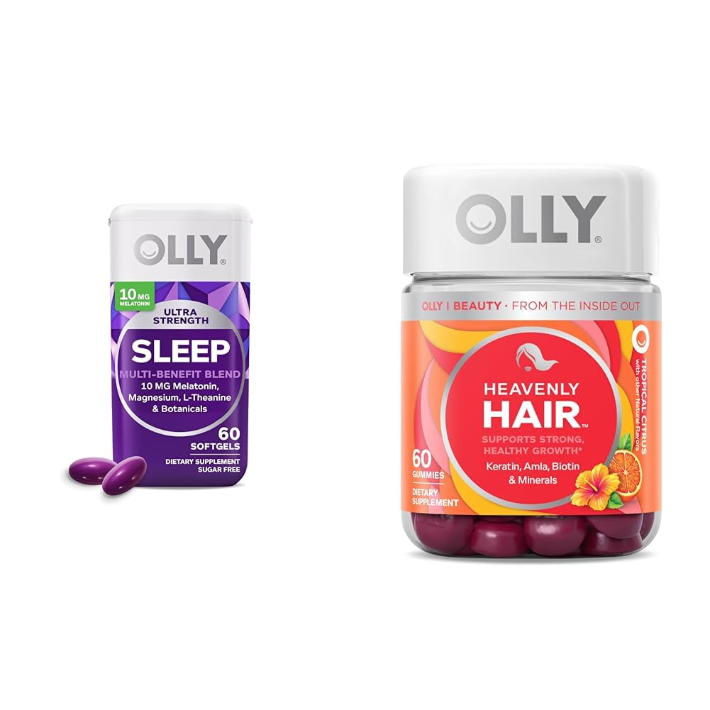 OLLY Ultra Strength Sleep Softgels and Heavenly Hair Gummy Supplement Bundle - 60 Count Each
