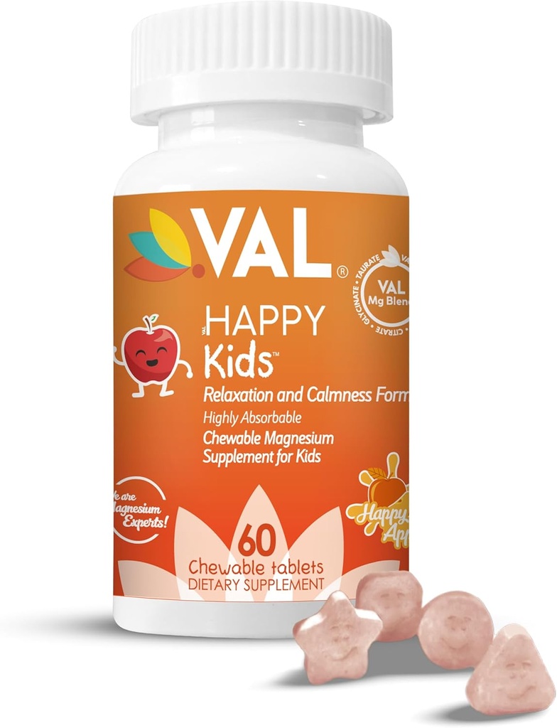 Magnesio de VAL para niños TENIDO Magnesio de alta absorción para calma, relajación " Enfórmese en Mg Glycinate, Citrate " Taurate TENIDO con Vitamina B6, D " C TENIDO Sin azúcar, sin azúcar TENIDO 60 Tabletas Chewable