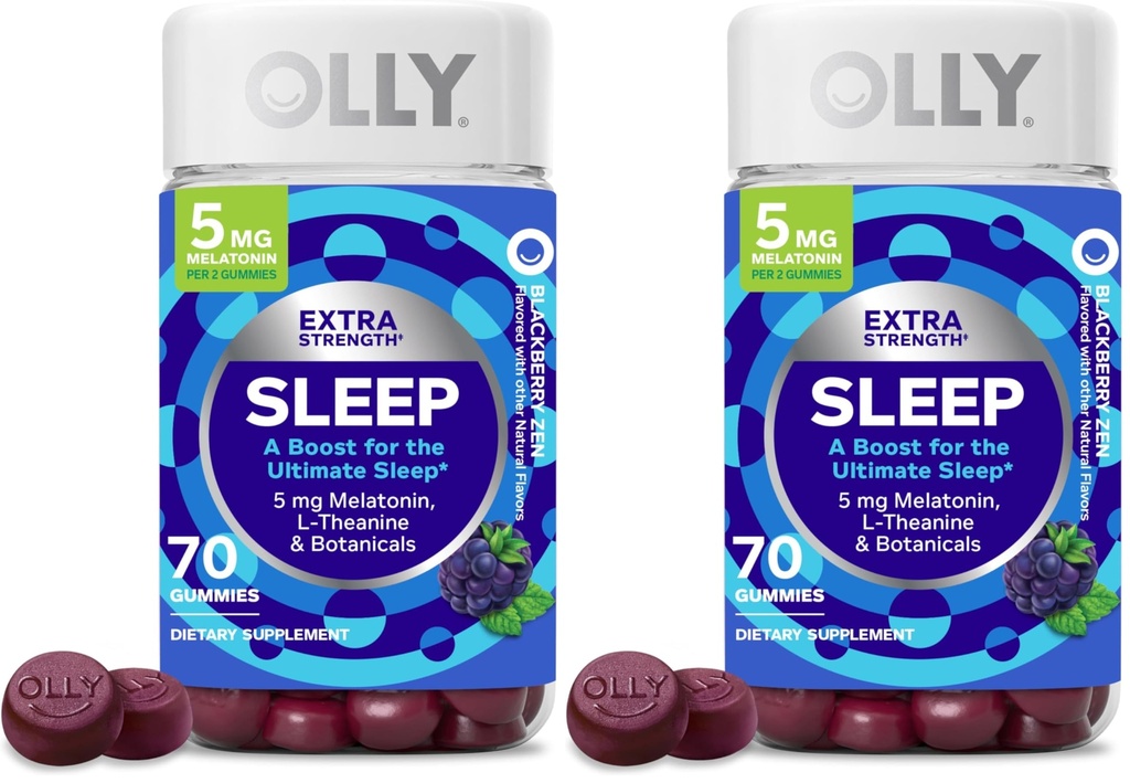 OLLY Extra Strength Sleep Gummies, Value Size, 5 mg Melatonin, L-Theanine, Chamomile, Lemon Balm, Sleep Aid, BlackBerry Flavor - 70 Count (Pack of 2)