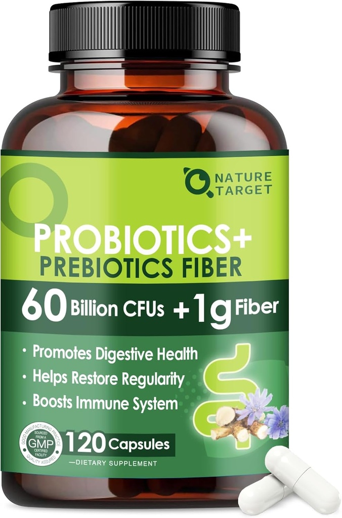 Probióticos para la salud digestiva de mujeres y hombres con fibra prebiótica - Suplemento de fibra con 60 Billones Probiótico para regularidad " limpieza de Gut - Apoyos Estreñimiento ocasional - 120 cápsulas de verduras