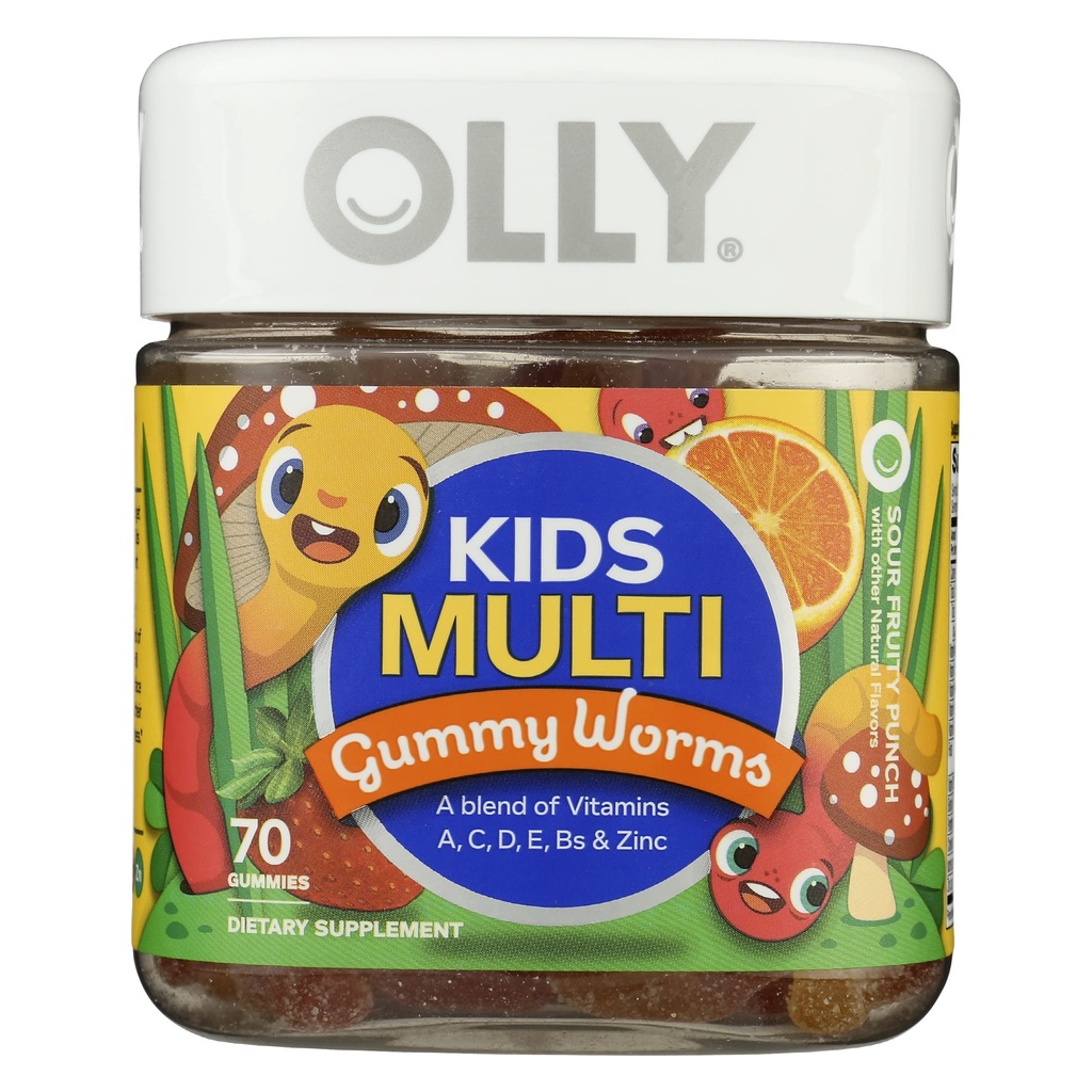 OLLY Kids Multivitamin Support Sour Fruit Punch Gummy Worms, No Artificial Flavors, 70 Each (Pack of 1)