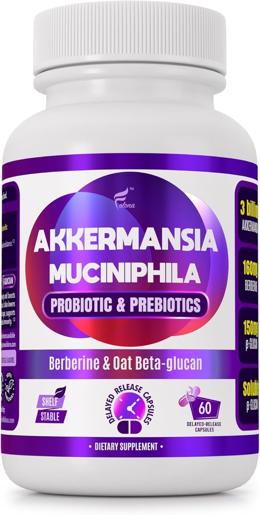 Delayed Release Akkermansia GLP-1 Probiotic with Berberine and Soluble Beta-Glucan Prebiotic Fiber; 3 Billion AFU, 60 Capsules (2 Months Supply) for Gut Health Support