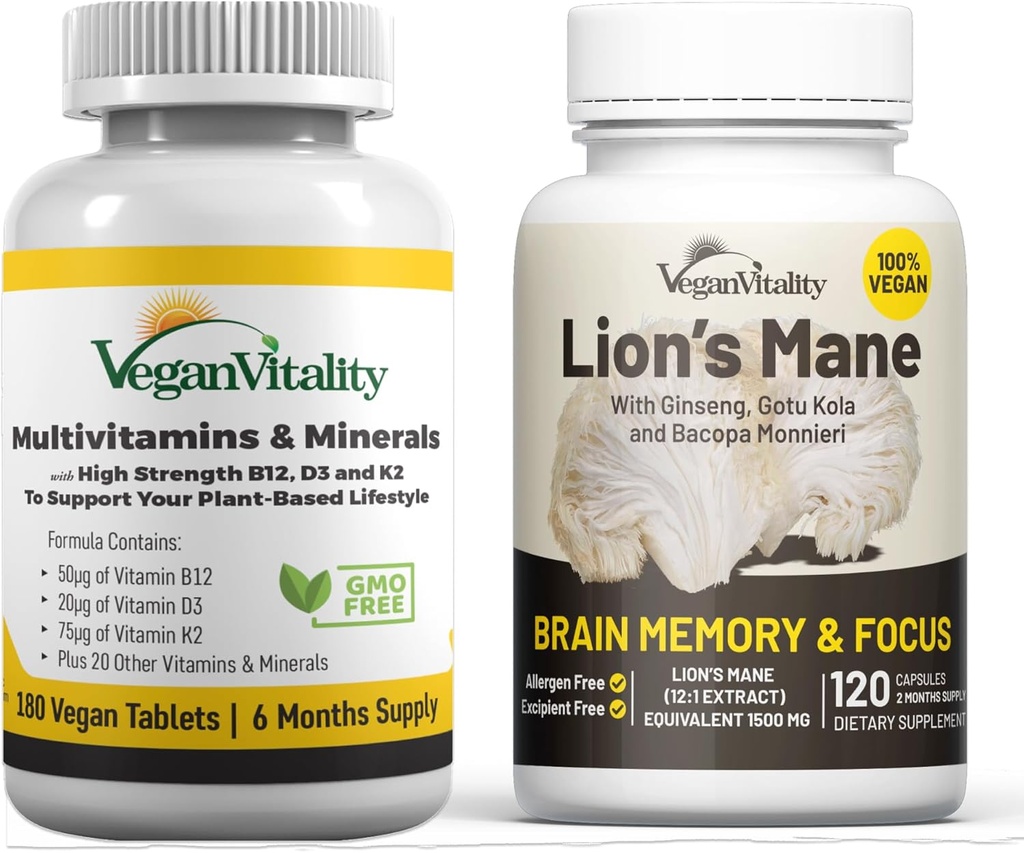 Vegan Vitality Brain Nutrition Bundle - Lions Mane Nootropic Capsules y Vegan Multivitamins. Suplementos de base vegetal de alta resistencia para la memoria y el foco y salud general para los veganos y los vegetarianos