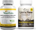 Vegan Vitality Brain Nutrition Bundle - Lions Mane Nootropic Capsules y Vegan Multivitamins. Suplementos de base vegetal de alta resistencia para la memoria y el foco y salud general para los veganos y los vegetarianos