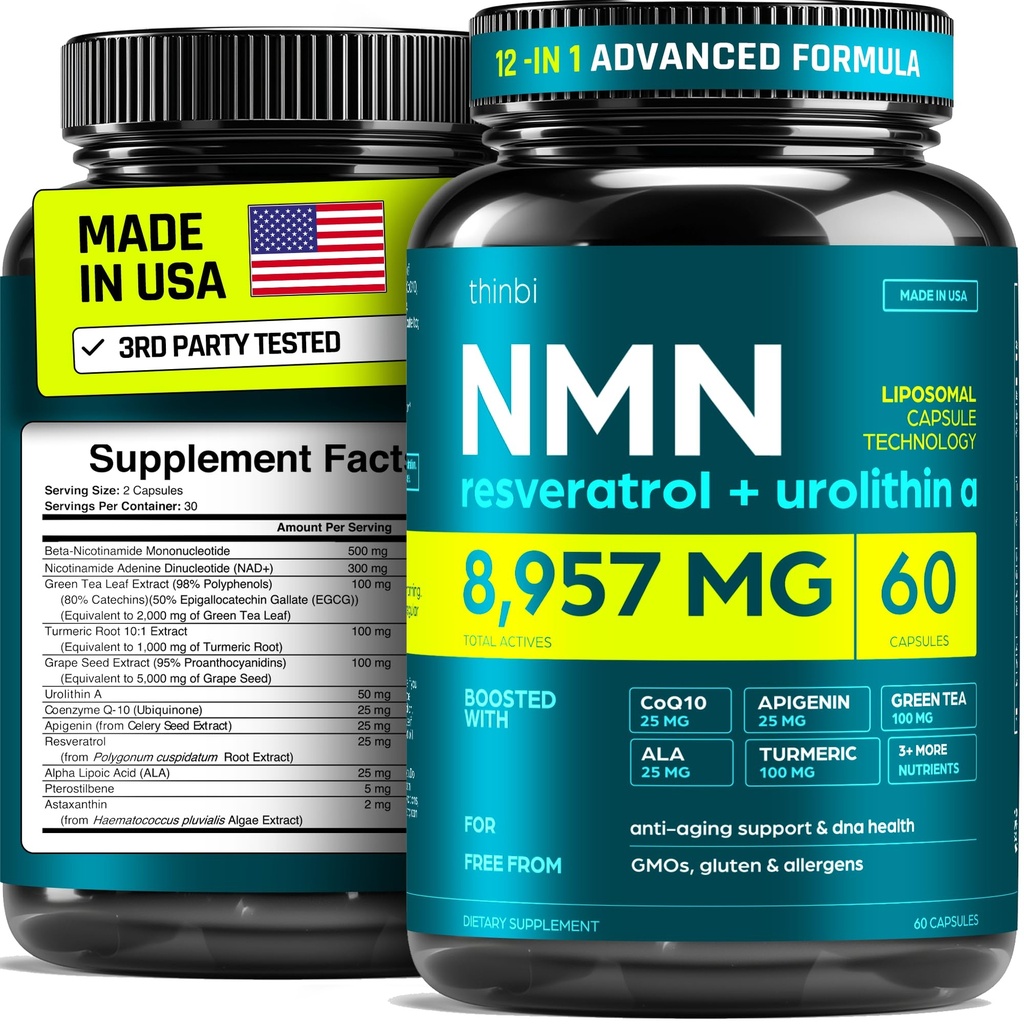 NMN Supplement 8957mg with Real NAD+ Not Just a Booster | Urolithin A, Resveratrol, CoQ10, Alpha Lipoic Acid, Green Tea Extract | Cellular Longevity & Energy Support for Men & Women