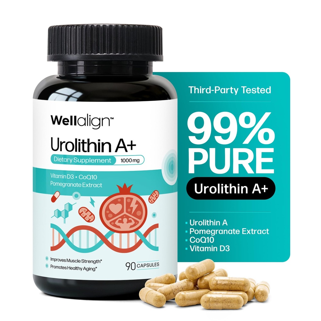 Urolithin A Supplement 1000mg 90ct - 99% Pure Advanced Urolithin A+ with CoQ10 & Vitamin D3, Promotes Muscle Strength, Energy & Healthy Aging with Mitochondrial & Cellular Support