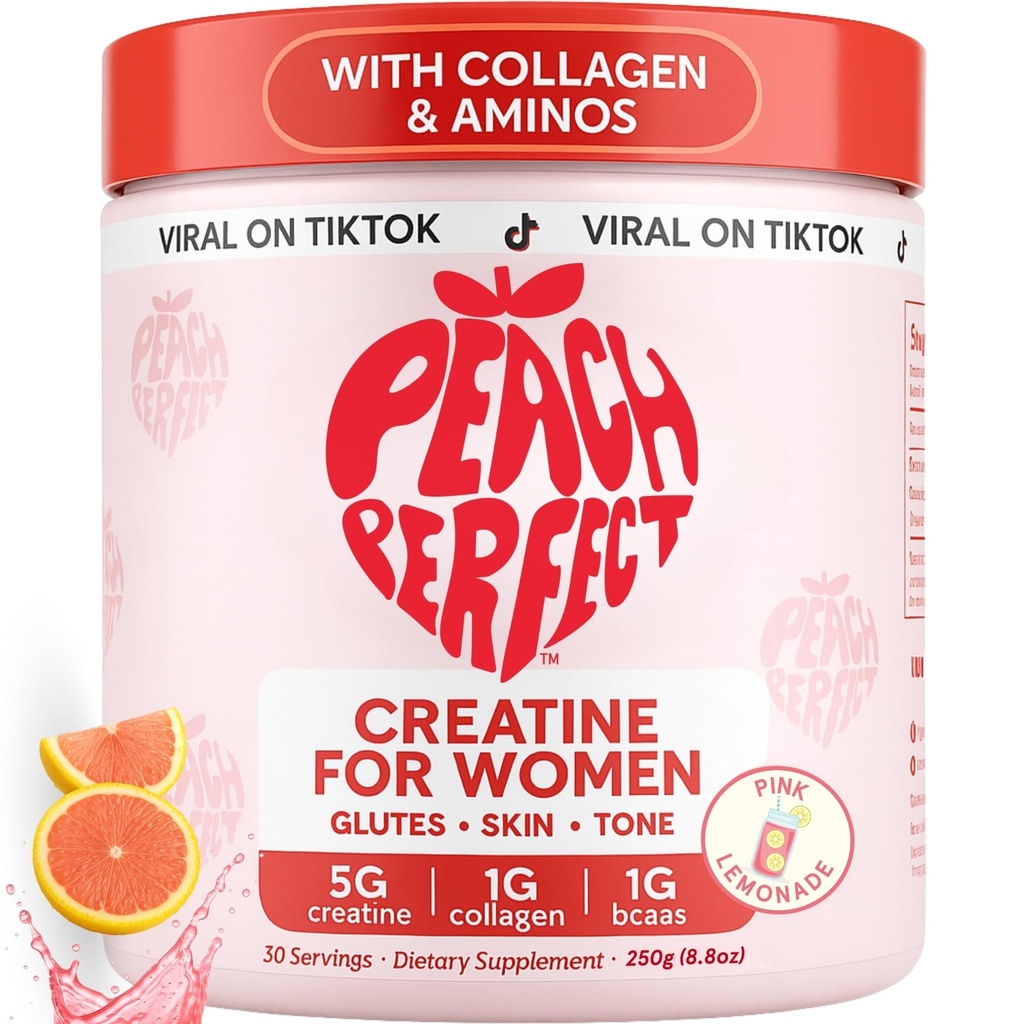 Peach Perfect Creatine for Women – Micronized Creatine Monohydrate Powder with BCAA & Collagen for Glute Strength Support, Boosts Energy, Focus, Strength, and Endurance – Pink Lemonade, 30 Servings