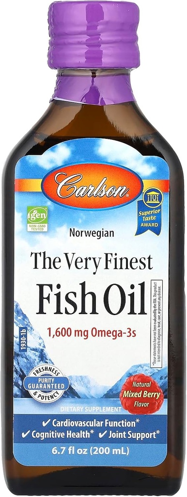 Carlson The Very Finest Fish Oil, 1600 mg Omega-3, Mixed Berry Flavor, 200 mL – Liquid Norwegian Fish Oil, Wild-Caught " Sustentably Sourced